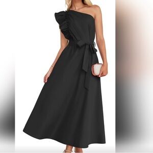 ZESICA Black One Shoulder Ruffle 2024 Empire Waist Boho Flowy Maxi Dress S NWT
